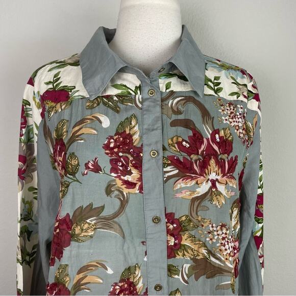 Soft Surroundings Gray Floral Beaded Button Front Long Sleeve Top Large - Picture 3 of 10